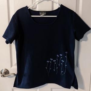 Vintage Jimmy‎ Garcia Floral Embroidered Navy Short Sleeve Top Size Medium